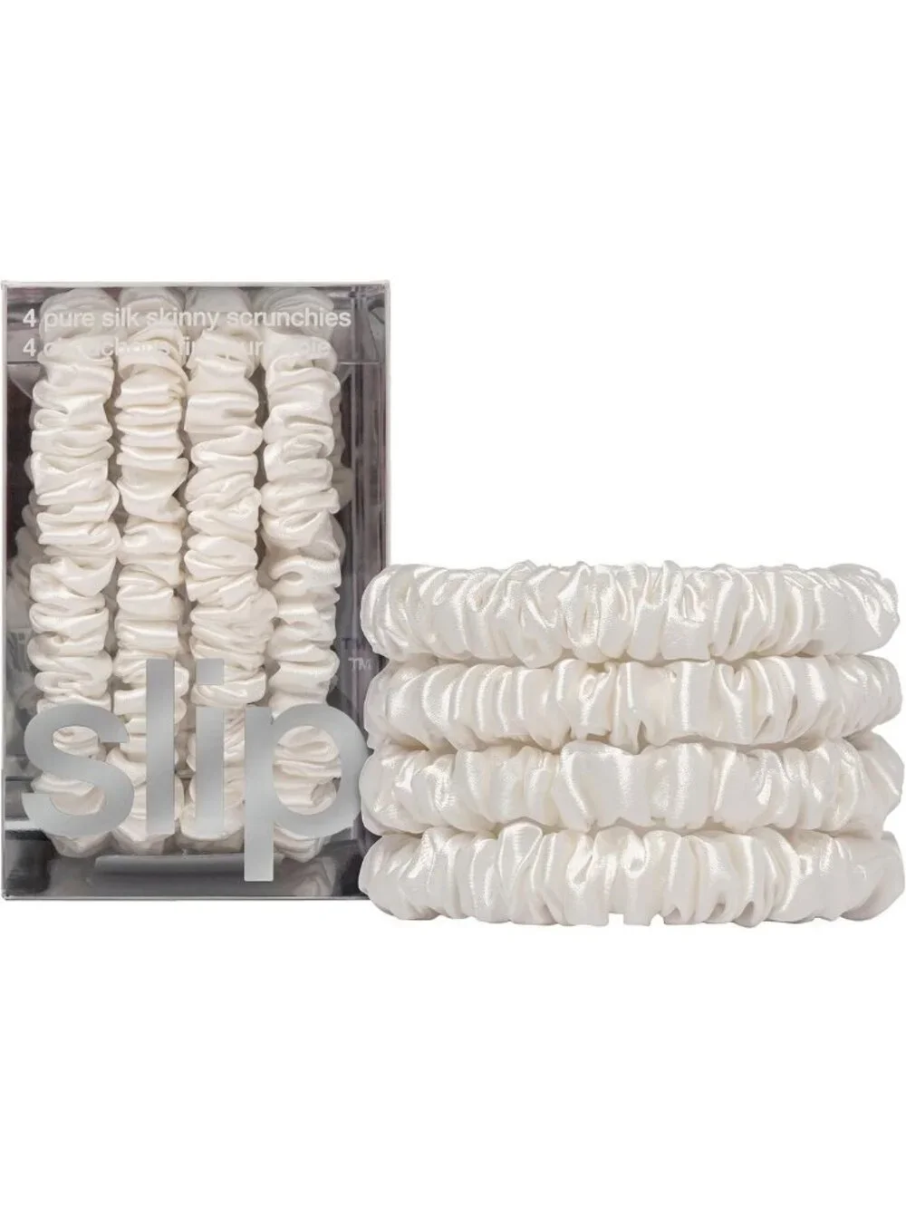 Silk Hair Ties Set of 4 | White Skinny Scrunchies | Anti-Damage & Gentle Hold